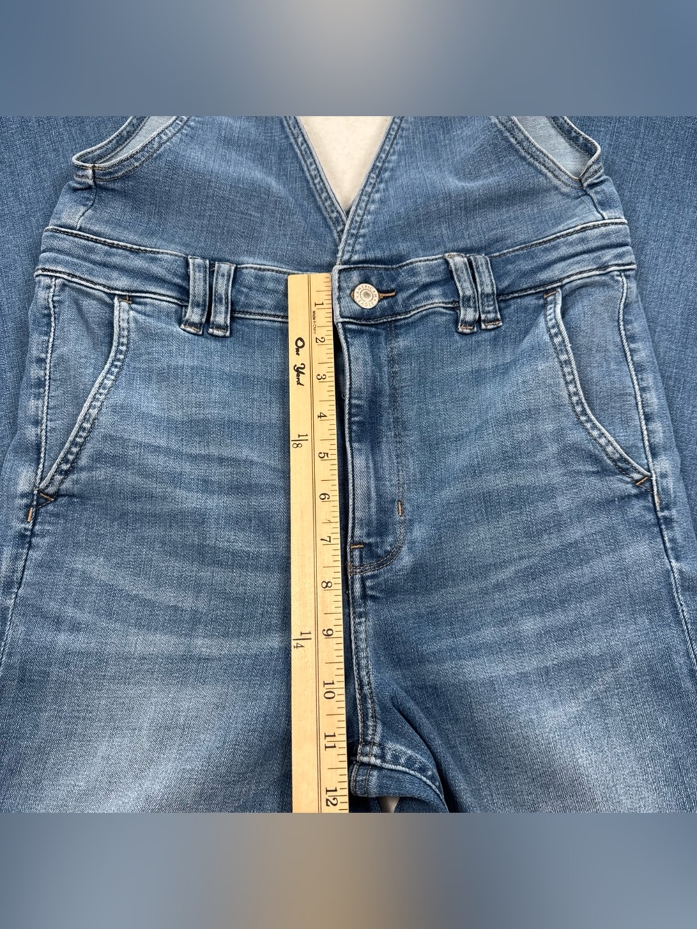 American Eagle Flare Overalls Jean Denim Women’s 10 Short Front Zip Stretch Adj - Picture 7 of 12